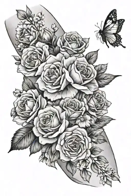 A realistic forearm wrapped tattoo for woman with the birth flowers of my kids. Black and grey tattoo style, shaded in.  tattoo design idea