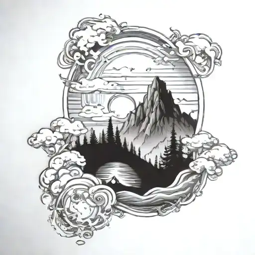 Design a tattoo of a dreamy landscape with Sleep Token and Bring Me The Horizon logos hidden within the scenery tattoo design idea