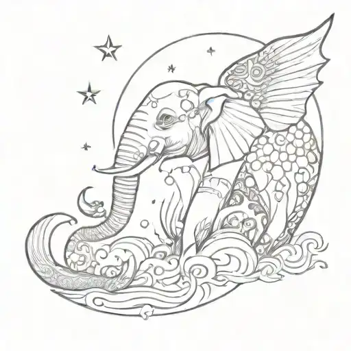 Elephant, sun, moon, mermaid tail tattoo design idea