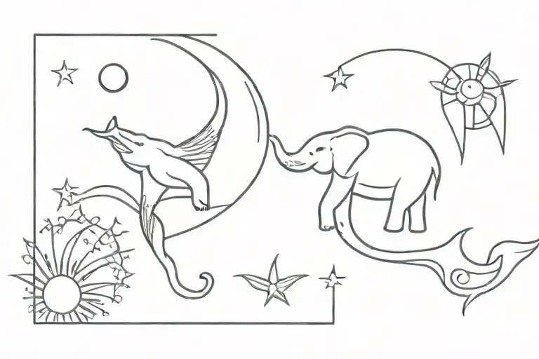 Elephant, sun, moon, mermaid tail tattoo design idea