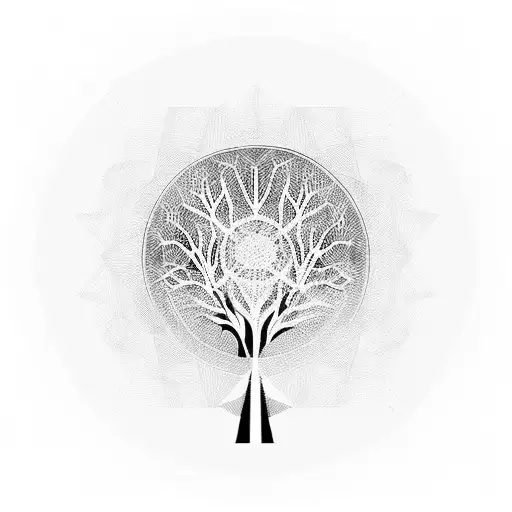 tree of life silhouette  with geometric patterns around it and in the background and some minimal fine line work  tattoo design idea