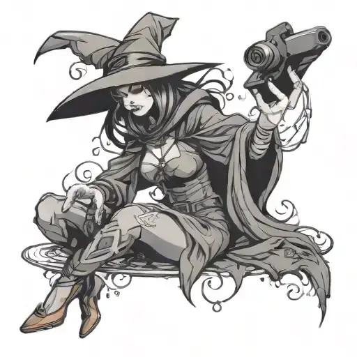 A hauntingly beautiful witch casting a spell with a gaming controller in hand, merging the worlds of gaming and witchcraft tattoo design idea
