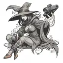 A hauntingly beautiful witch casting a spell with a gaming controller in hand, merging the worlds of gaming and witchcraft tattoo design idea