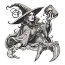A hauntingly beautiful witch casting a spell with a gaming controller in hand, merging the worlds of gaming and witchcraft tattoo design idea
