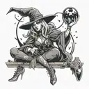 A hauntingly beautiful witch casting a spell with a gaming controller in hand, merging the worlds of gaming and witchcraft tattoo design idea