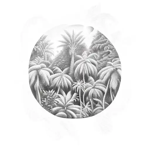 A lush rainforest landscape with hidden symbols representing the pleasures of hedonism tattoo design idea