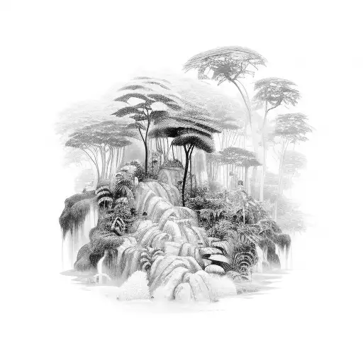 A lush rainforest landscape with hidden symbols representing the pleasures of hedonism tattoo design idea