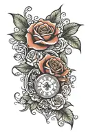 Rose and clock with the words Famila  tattoo design idea