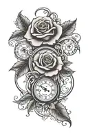 Rose and clock with the words Famila  tattoo design idea