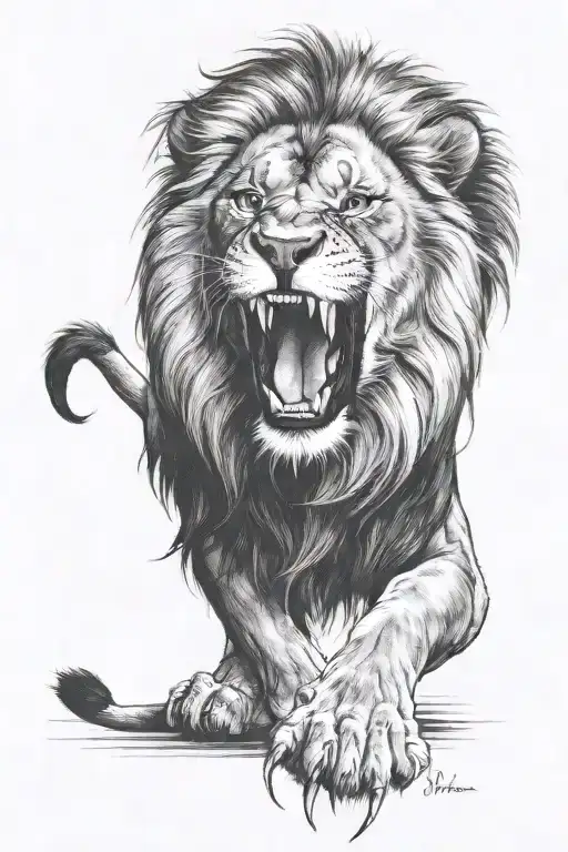make the face of a lion growling and show one paw sticking out its claws in the foreground tattoo design idea
