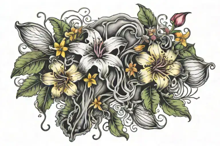 jamaica map with jelly fish and hibicus flowers growing tattoo design idea