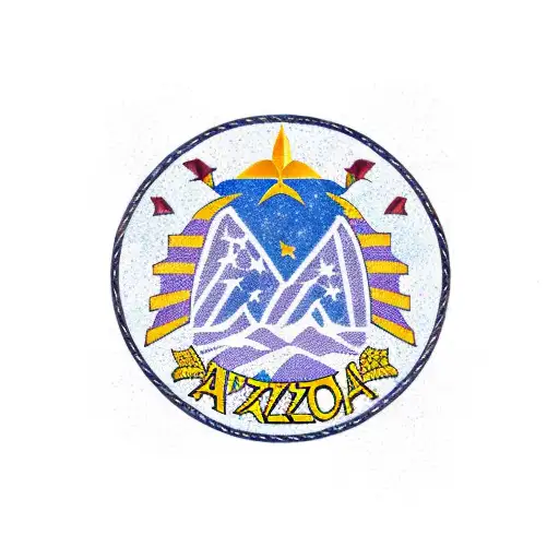 arizona state outline, with flag in the middle, and a desert scene surrounding it tattoo design idea