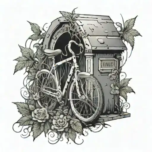 A tombstone with a bicycle leaning against it, surrounded by weed joints tattoo design idea