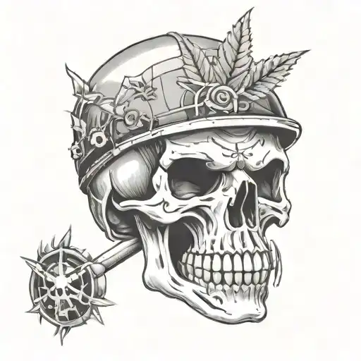 A skull wearing a bicycle helmet with weed joints as eyes and a tombstone in the background tattoo design idea