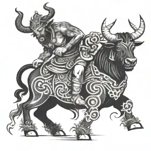 Sungod riding Two bulls and one Capricorn  include letters K, T, V tattoo design idea