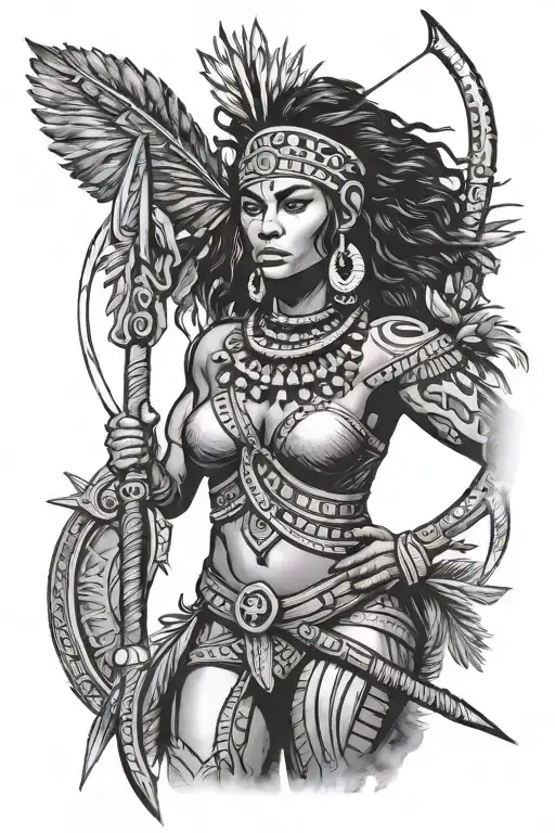 taino woman afer a victory standing on a ledge with a spear and bow & arrow  tattoo design idea