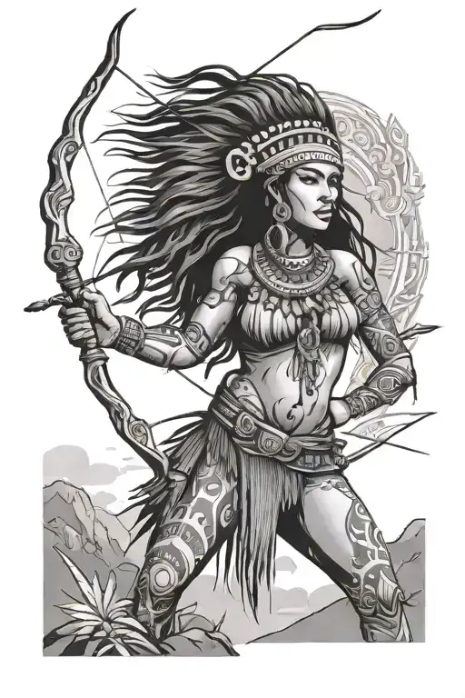 taino woman afer a victory standing on a cliff with a spear and bow & arrow  tattoo design idea