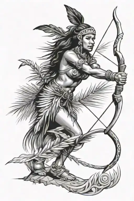 taino woman afer a victory standing on a ledge with a spear and bow & arrow  tattoo design idea
