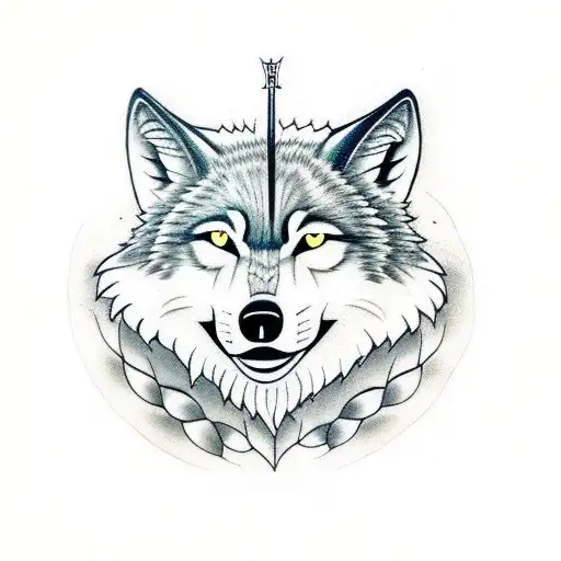 face of a wolf, half maori, half realistic tattoo design idea