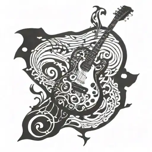 A guitar with intricate musical notes forming the shape of a stingray swimming in the deep sea tattoo design idea