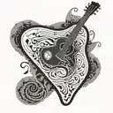 A guitar with intricate musical notes forming the shape of a stingray swimming in the deep sea tattoo design idea