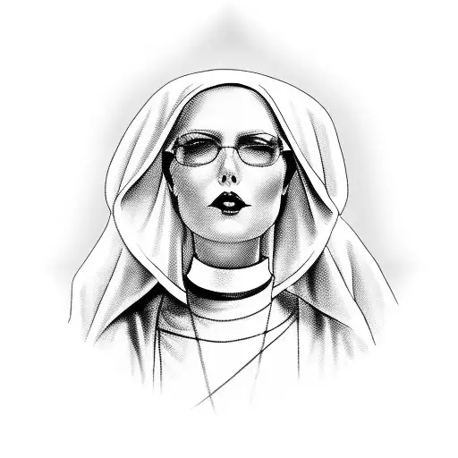 Full-length illustration of a nun in a rebellious pin-up style, wearing a bold outfit with a mix of classic and modern tattoo design idea