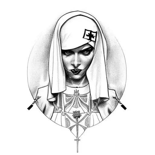 Full-length illustration of a nun in a rebellious pin-up style, wearing a bold outfit with a mix of classic and modern e tattoo design idea