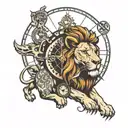 Lion with compass and broken clock tattoo design idea