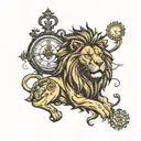 Lion with compass and broken clock tattoo design idea