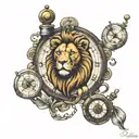 Lion with compass and broken clock tattoo design idea