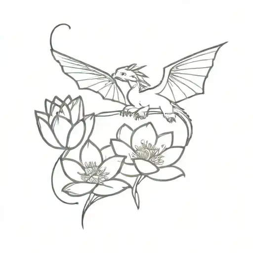 tiny dragon flying with water lily flowers tattoo design idea