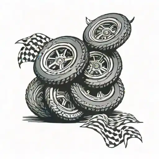 stack of three nascar tires, with one tire leaning against them  tattoo design idea