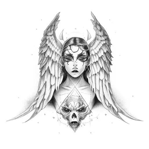 la palabra C.R.O con alas de demonio y una areola de angel y abajo escrito en cursiva Con más Ojeras que Amor tattoo design idea