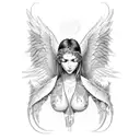 la palabra C.R.O con alas de demonio y una areola de angel y abajo escrito en cursiva Con más Ojeras que Amor tattoo design idea