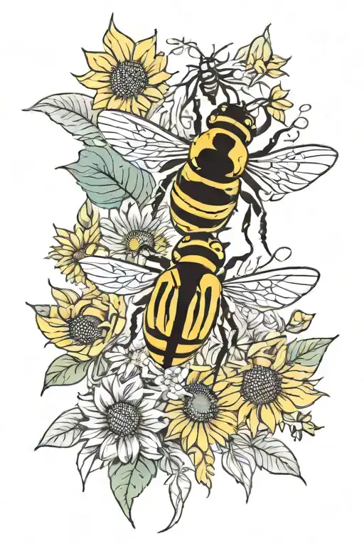 sunflowers, foliage, flowers, bees, a lady bug and a scorpion tattoo design idea