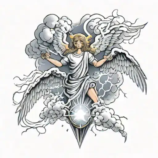 three angelic symbols meaning love loyalty and respect falling in clouds all being struck by lightning lighting up the s tattoo design idea