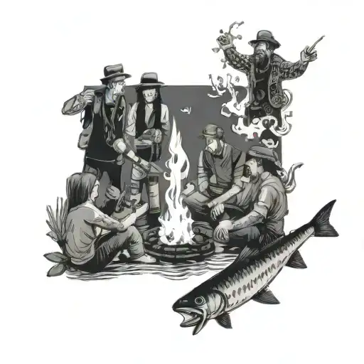 A group of friends socialising around a bonfire, passing a joint, with pike fish jumping out of the water nearby tattoo design idea