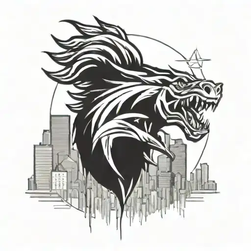 Combine the Denver Broncos mascot with a city skyline in a blackwork style tattoo design idea