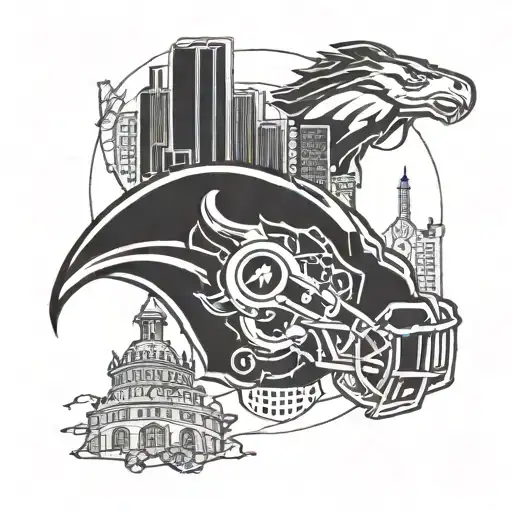 Merge the Denver Broncos mascot with iconic city landmarks in a blackwork style tattoo design idea