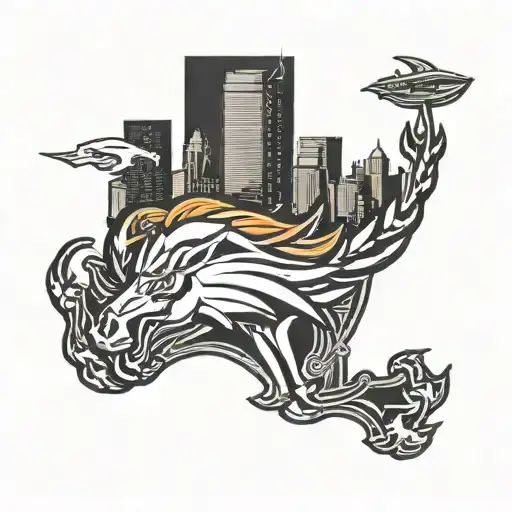 Combine the Denver Broncos mascot with a city skyline in a blackwork style tattoo design idea