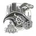 Merge the Denver Broncos mascot with iconic city landmarks in a blackwork style tattoo design idea