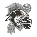 Merge the Denver Broncos mascot with iconic city landmarks in a blackwork style tattoo design idea