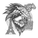 Merge the Denver Broncos mascot with iconic city landmarks in a blackwork style tattoo design idea