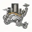 Combine the Denver Broncos mascot with a city skyline in a blackwork style tattoo design idea