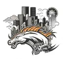Combine the Denver Broncos mascot with a city skyline in a blackwork style tattoo design idea