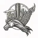 Combine the Denver Broncos mascot with a city skyline in a blackwork style tattoo design idea