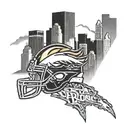 Combine the Denver Broncos mascot with a city skyline in a blackwork style tattoo design idea