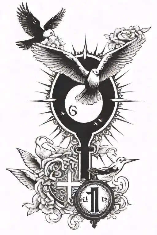 cross with doves flying towards the sun with a penny tattoo design idea