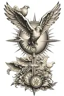 cross with doves flying towards the sun with a penny tattoo design idea