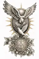 cross with doves flying towards the sun with a penny tattoo design idea